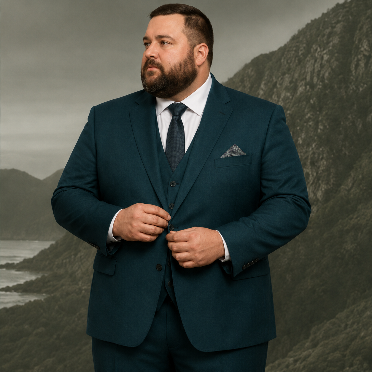 Big and tall man wearing a custom fitted suit